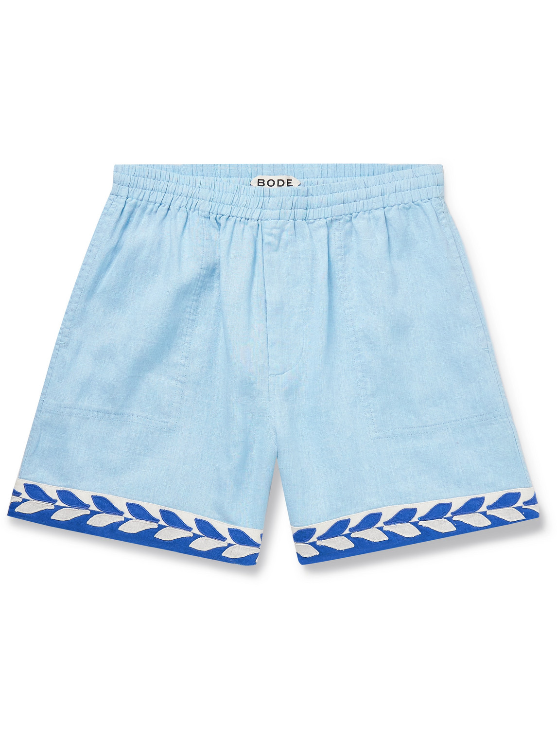 Bode Seedling Stripe Appliquéd Linen Shorts In Blue