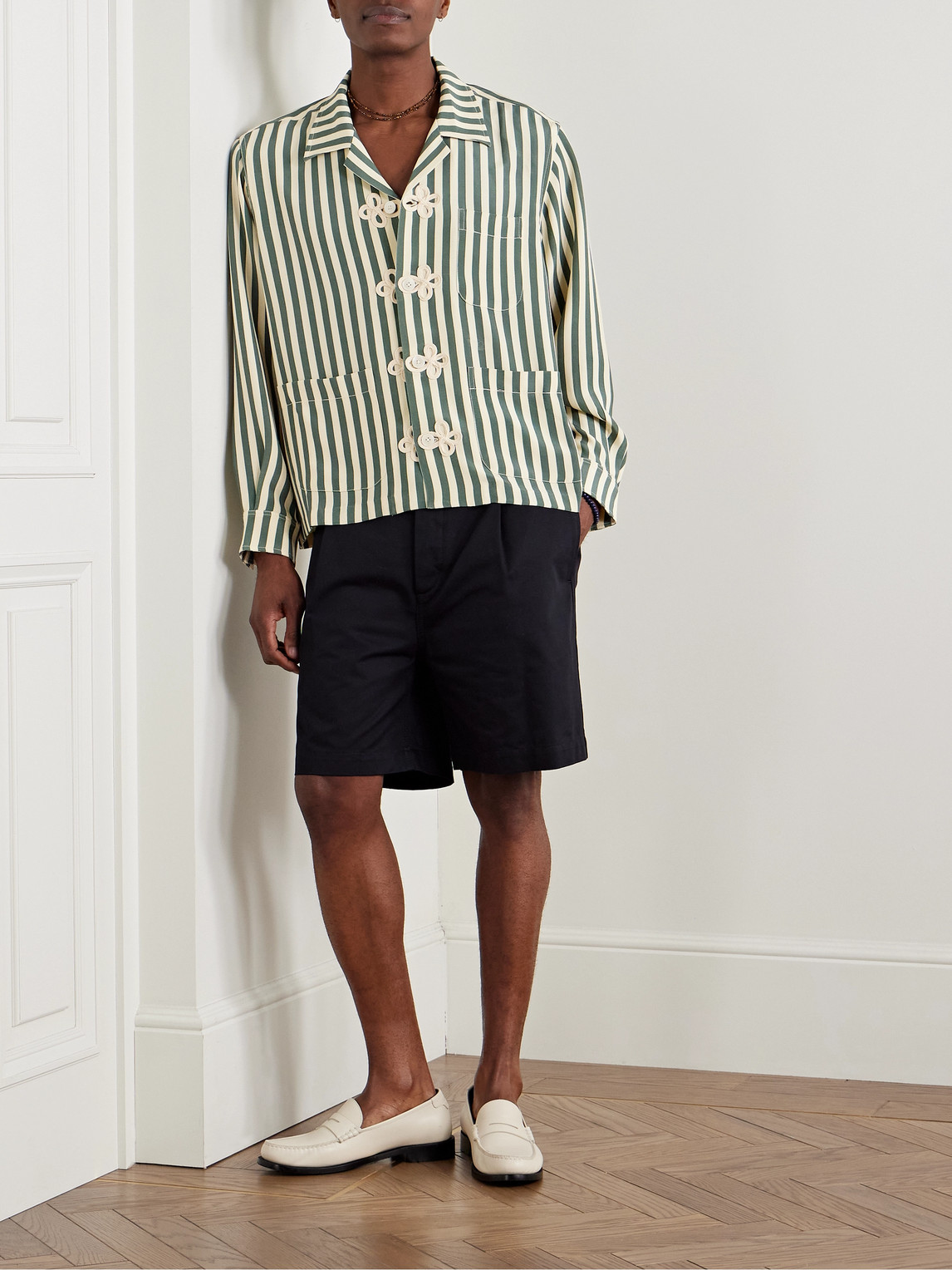 Bode Trillium Camp-collar Appliquéd Striped Silk Shirt In Green