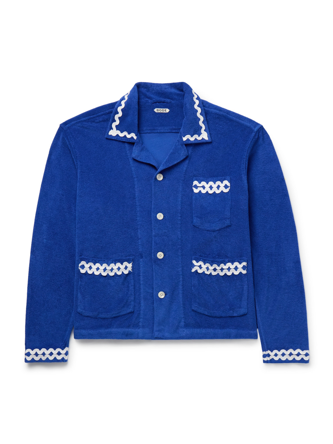 Bode Camp-collar Grosgrain-trimmed Cotton-terry Overshirt In Blue