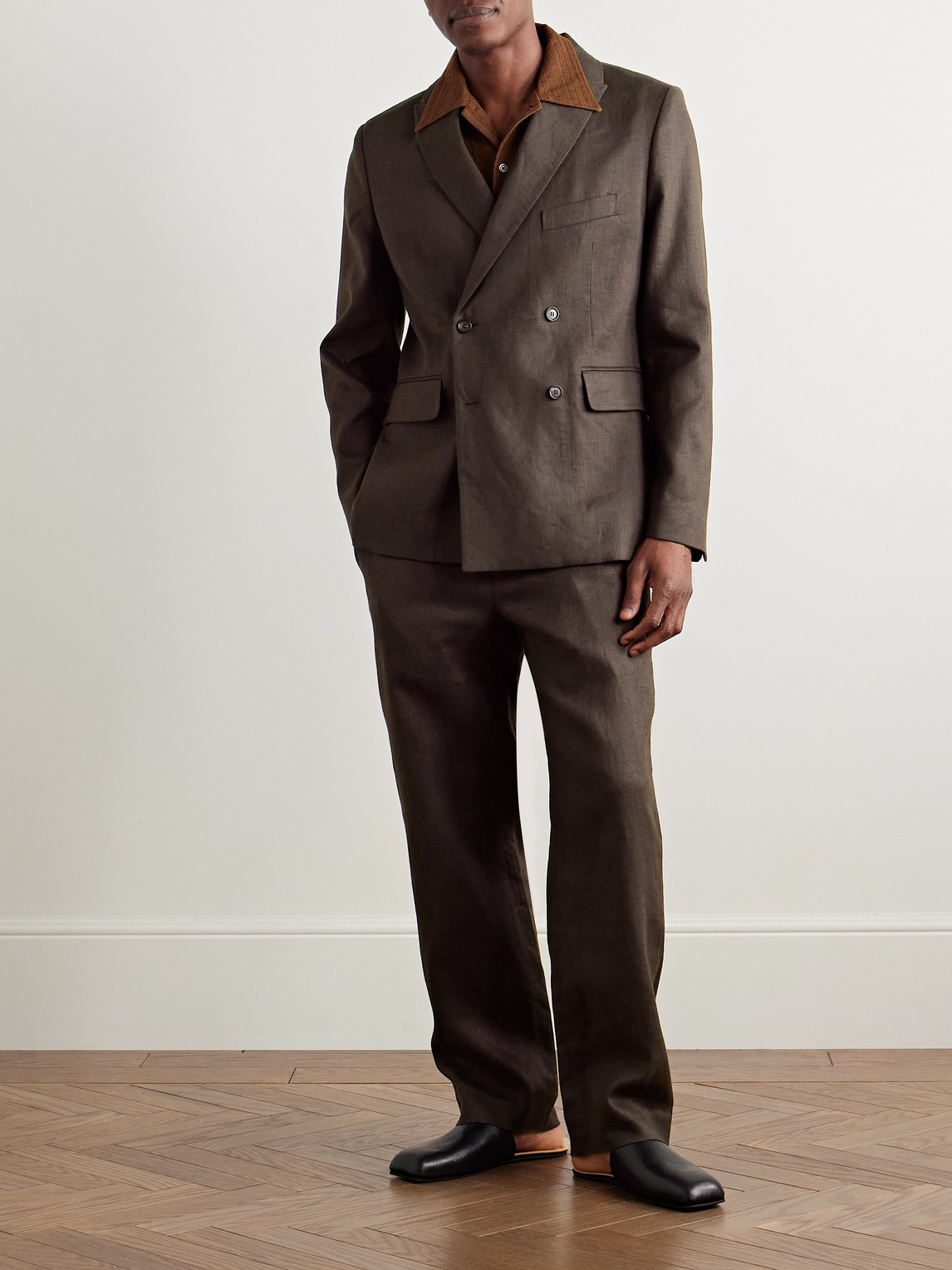 Bode Linen Double-breasted Suit Jacket In Brown