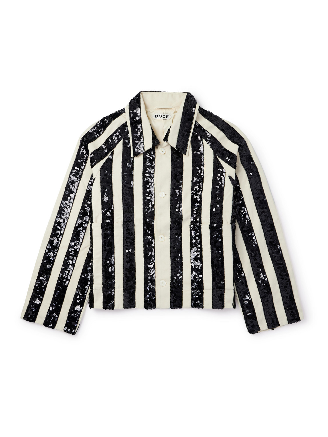 Cropped Sequinned Striped Woven Jacket