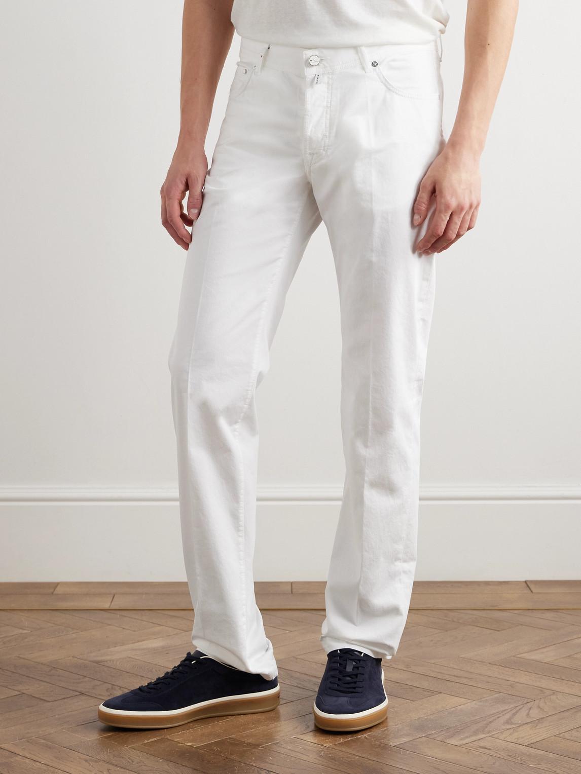 Shop Kiton Straight-leg Cotton-blend Trousers In White