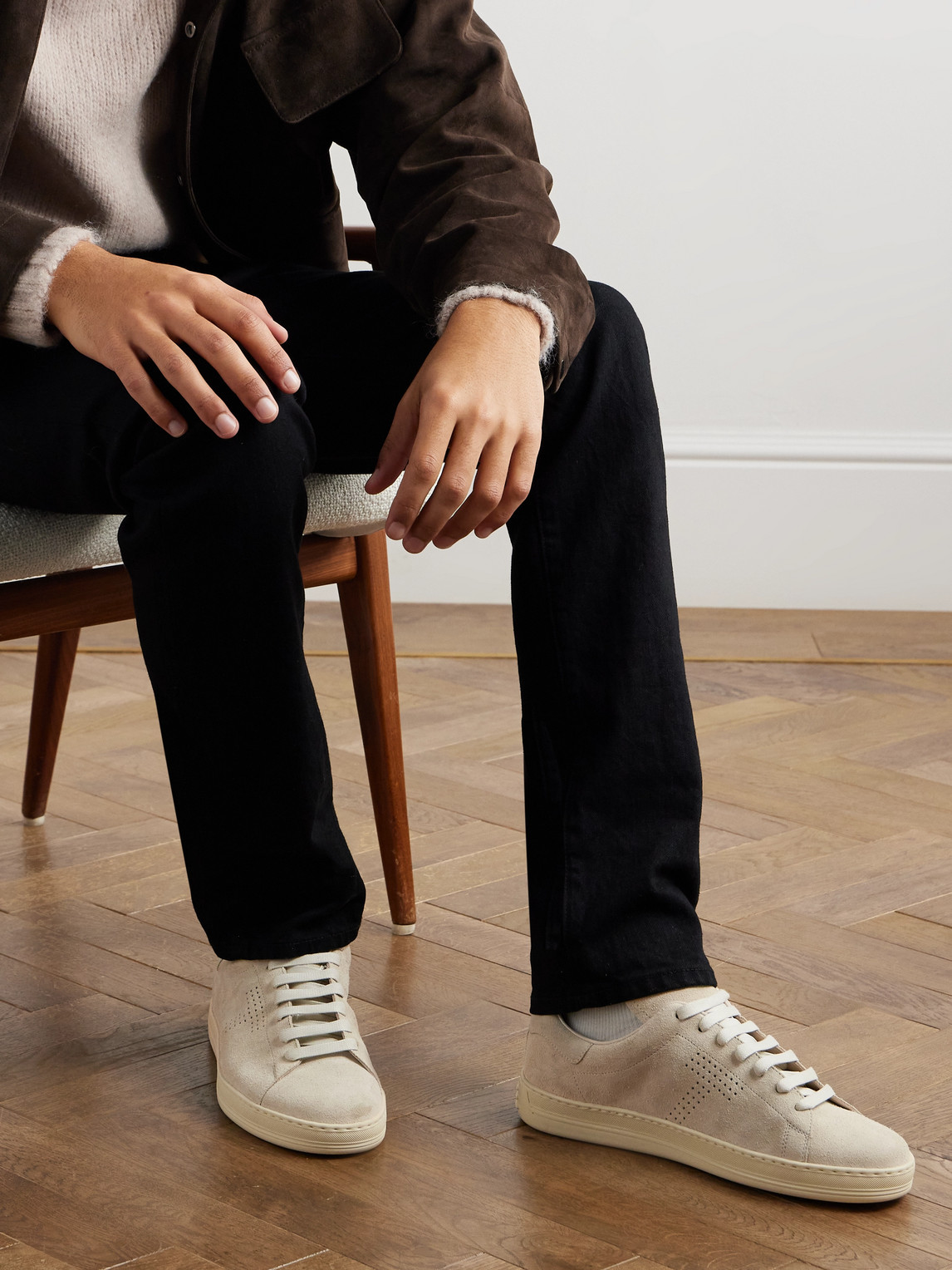 Tom Ford Leather Warwick Sneakers Rubber Sole Perforated Detailing In Neutrals
