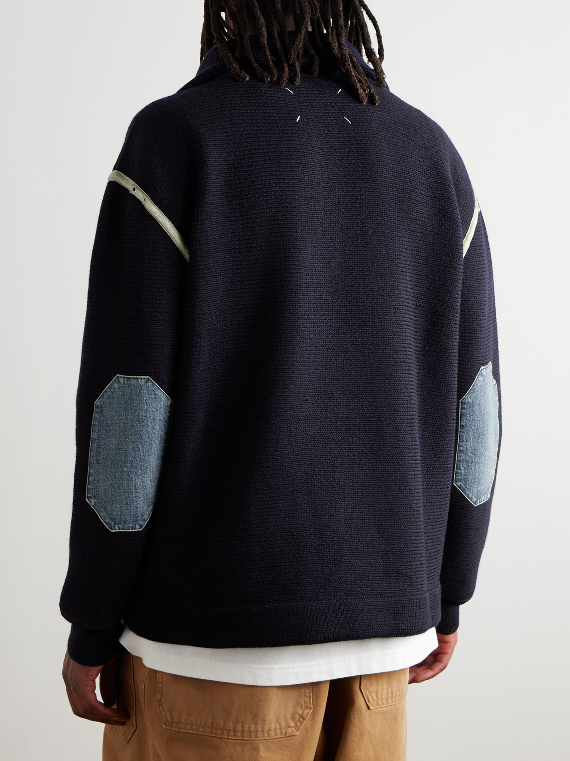 Shop Maison Margiela Denim-trimmed Wool Half-zip Sweater In Blue