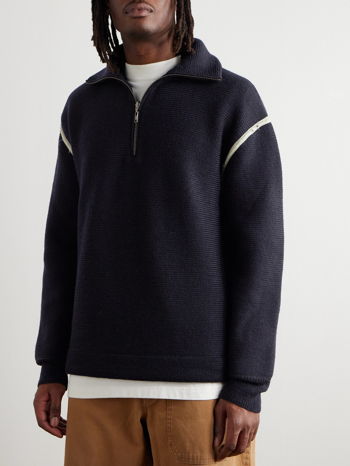 Shop Maison Margiela Denim-trimmed Wool Half-zip Sweater In Blue