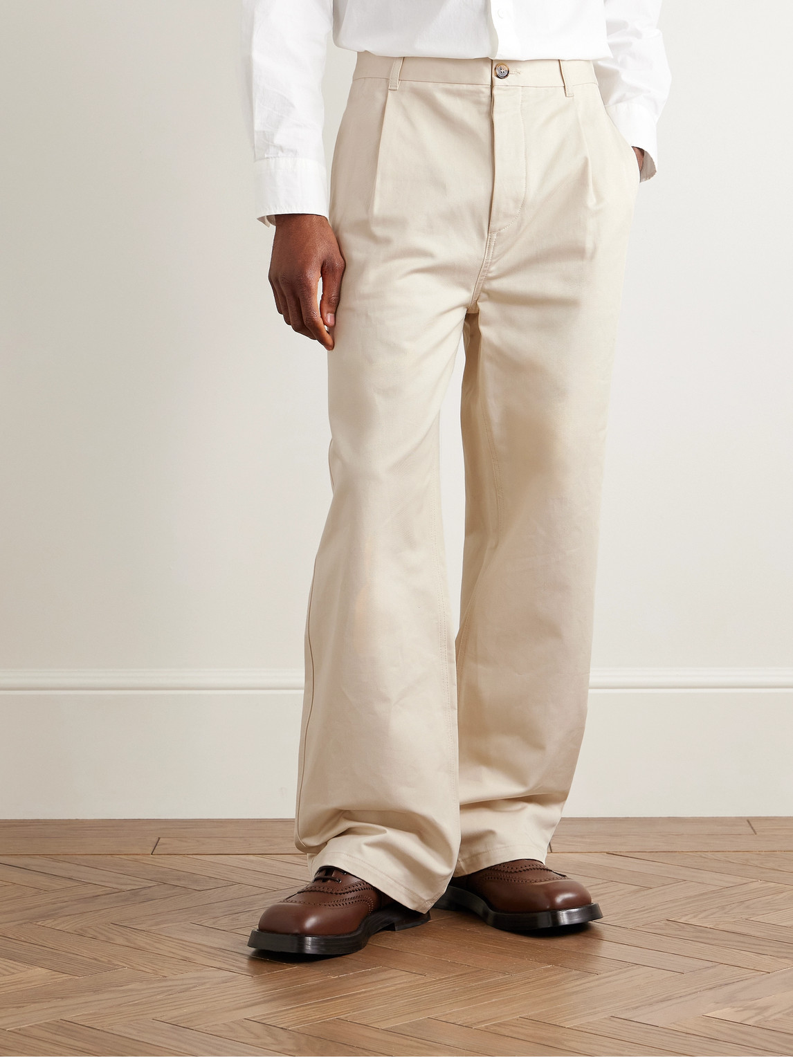 Shop Marni Straight-leg Pleated Cotton-gabardine Trousers In Neutrals