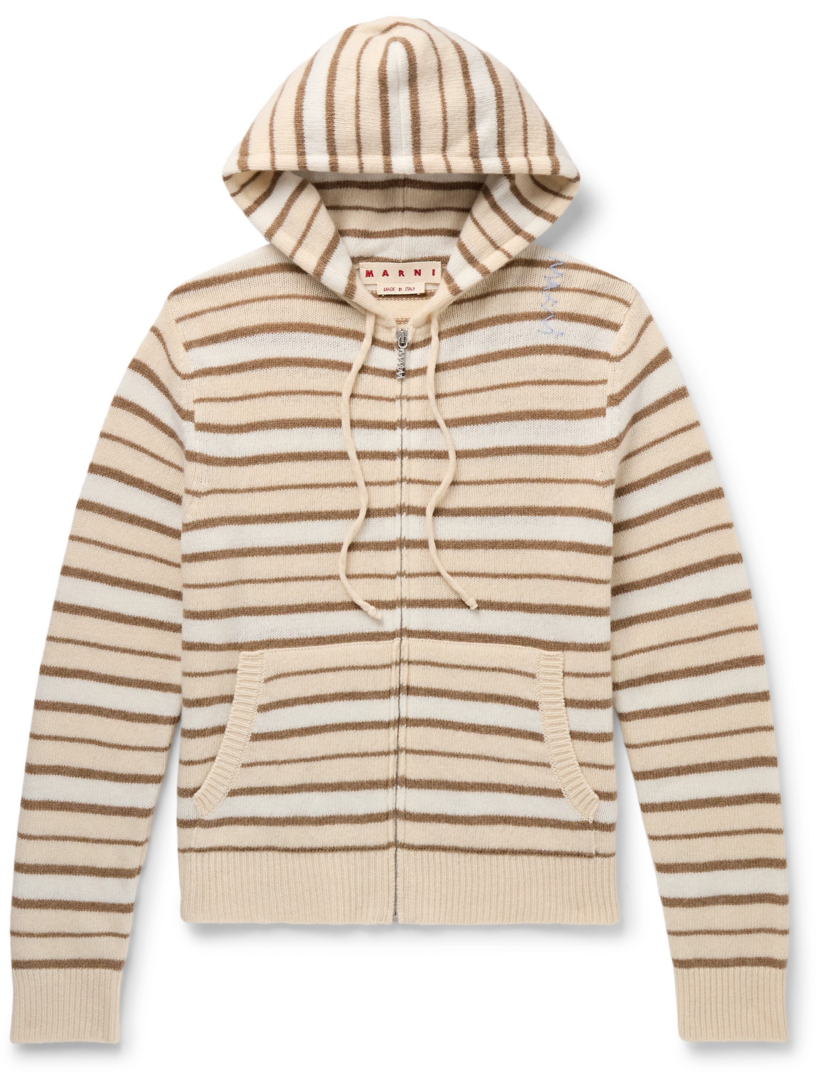 Marni Embroidered Striped Virgin Wool And Cashmere-blend Zip-up Hoodie In Neutrals