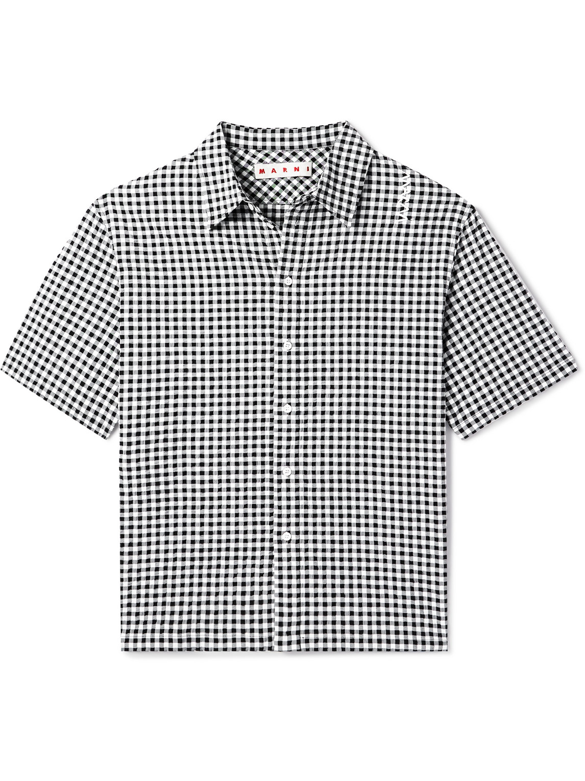 Marni Logo-embroidered Checked Seersucker Shirt In Gray