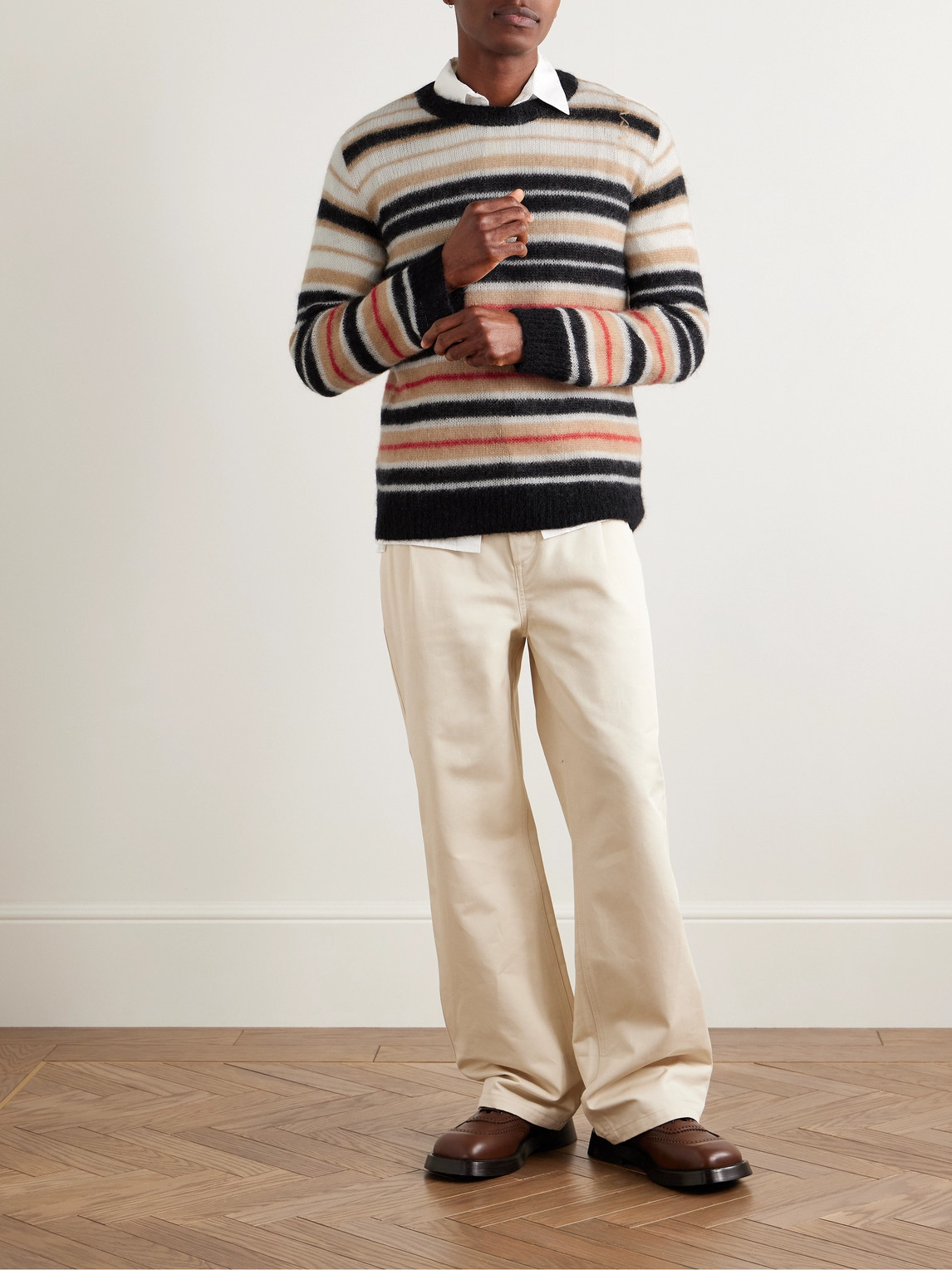 Shop Marni Logo-embroidered Striped Brushed Mohair-blend Sweater In Orange