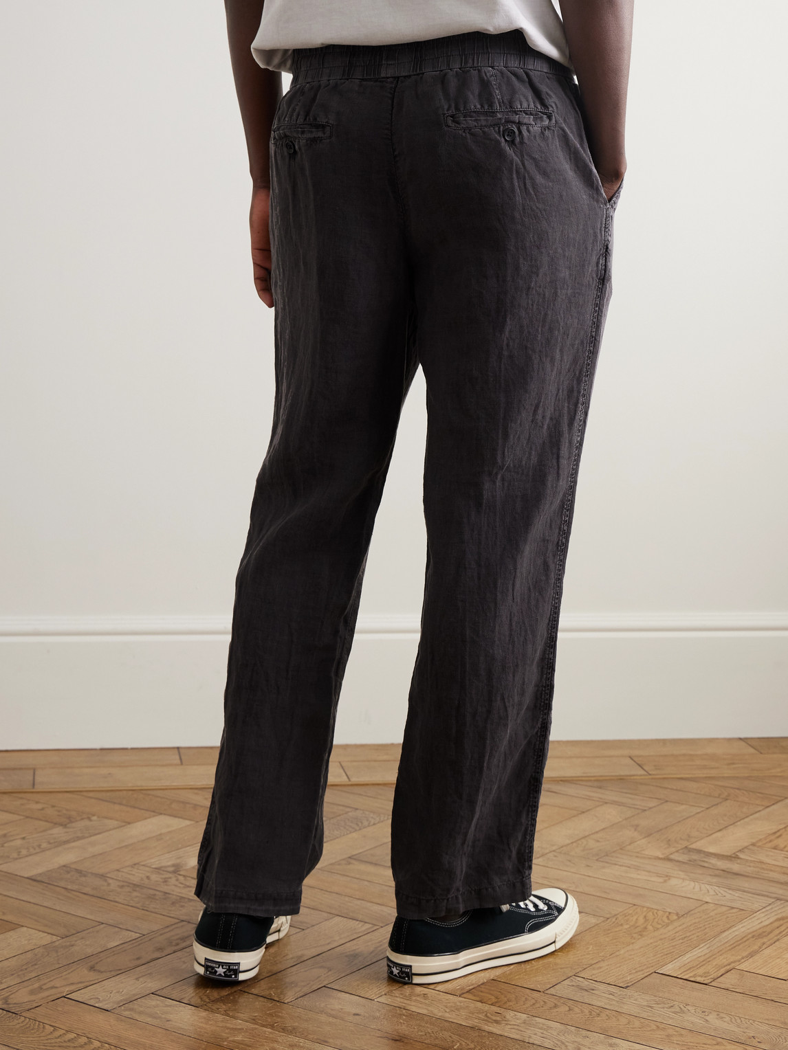 JAMES PERSE STRAIGHT-LEG GARMENT-DYED LINEN DRAWSTRING TROUSERS