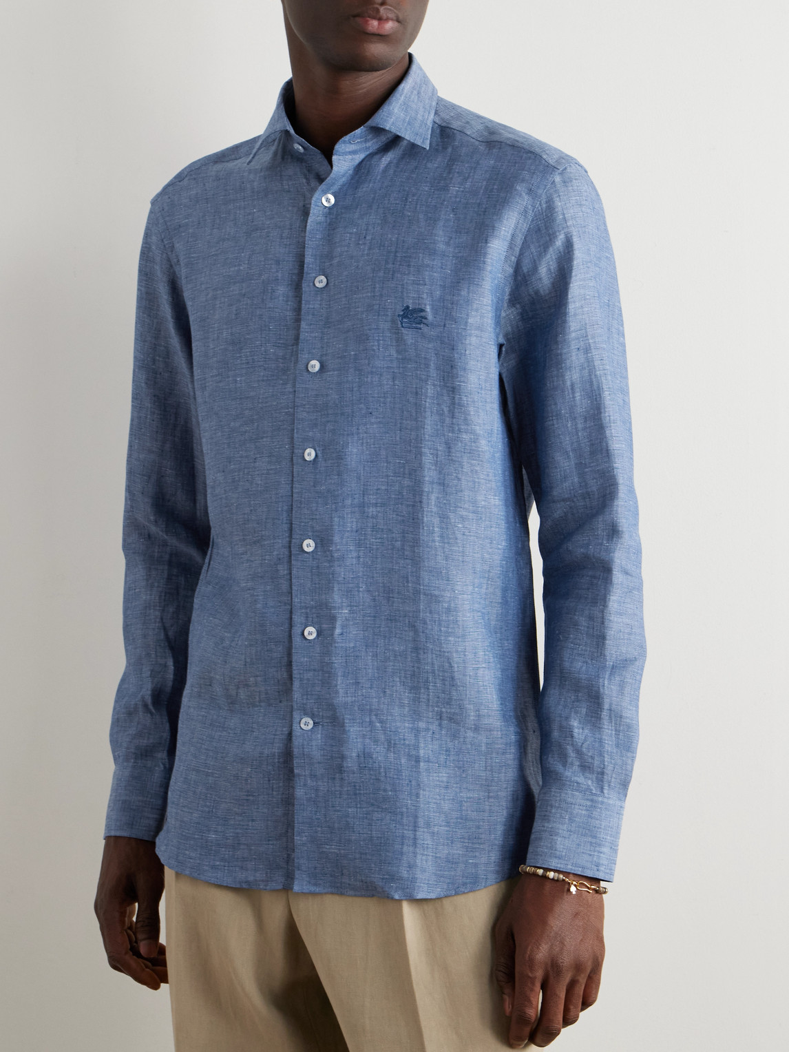 Etro , Linen Shirt With Pegaso, Man, Light Blue, Size 44 In Blue