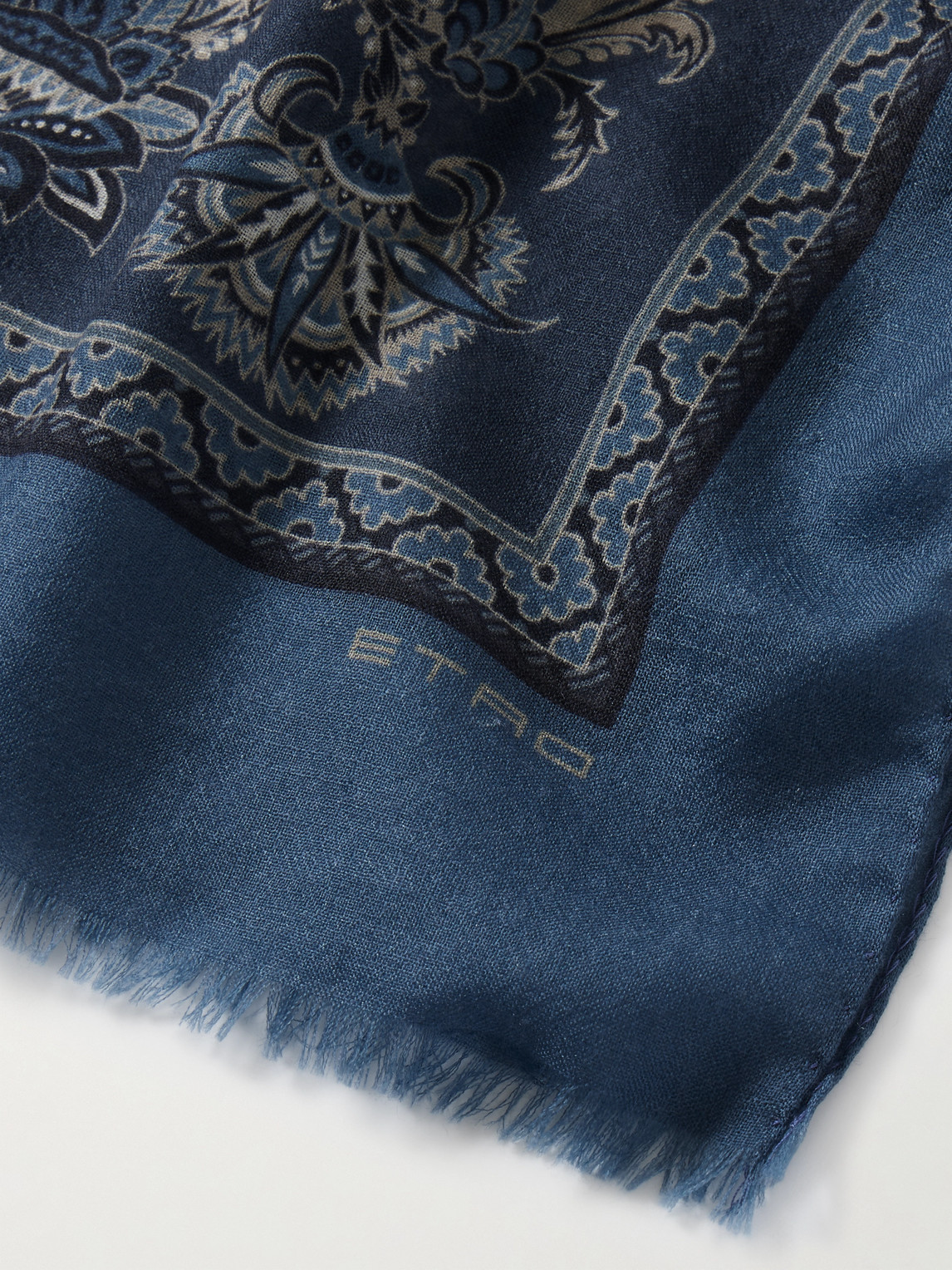 Etro Frayed Paisley-print Cashmere Scarf In Blue