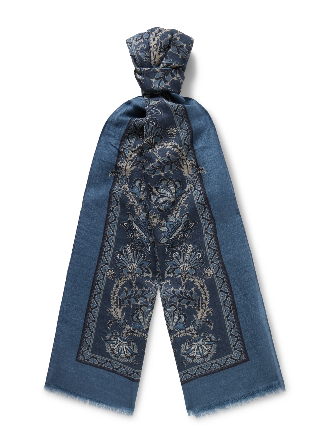 Etro Frayed Paisley-print Cashmere Scarf In Blue