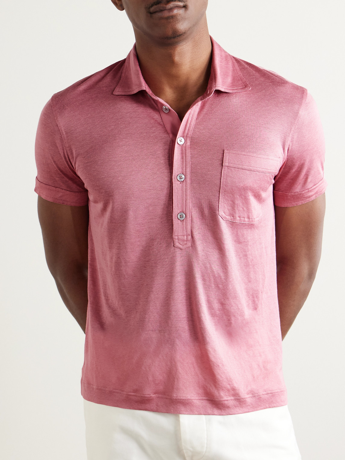 Tom Ford Slim-fit Silk And Linen-blend Polo Shirt In Pink