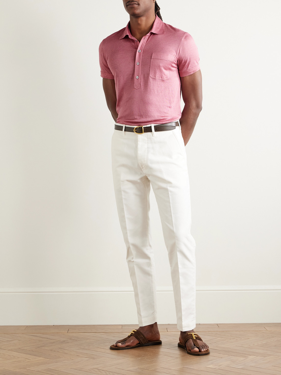 Tom Ford Slim-fit Silk And Linen-blend Polo Shirt In Pink