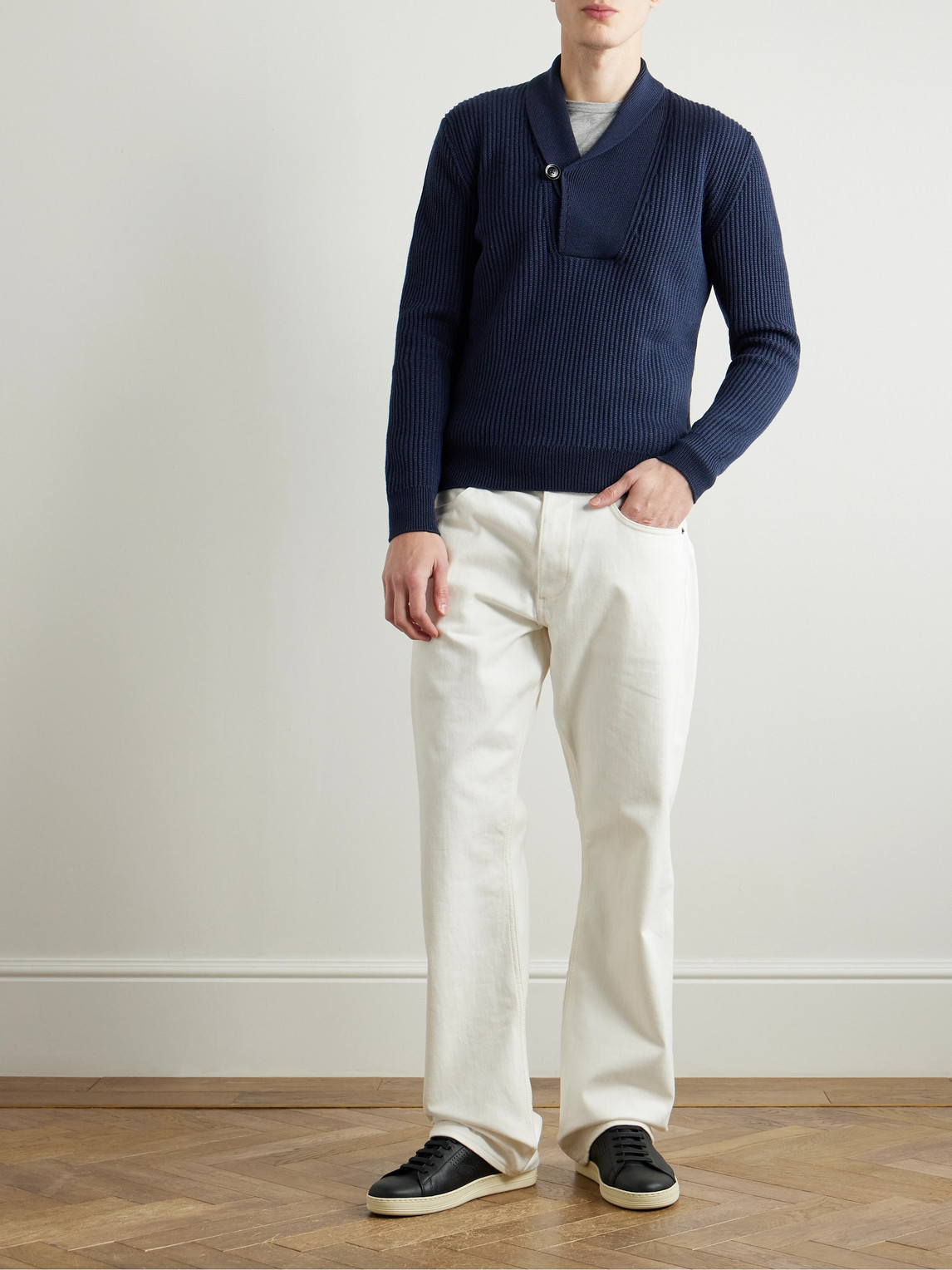 Tom Ford Slim-fit Shawl-collar Ribbed Merino Wool-blend Half-placket Sweater In Blue