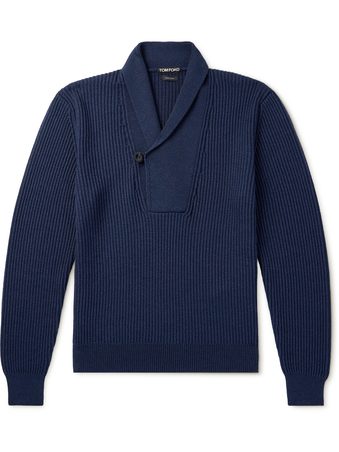 Tom Ford Slim-fit Shawl-collar Ribbed Merino Wool-blend Half-placket Sweater In Blue