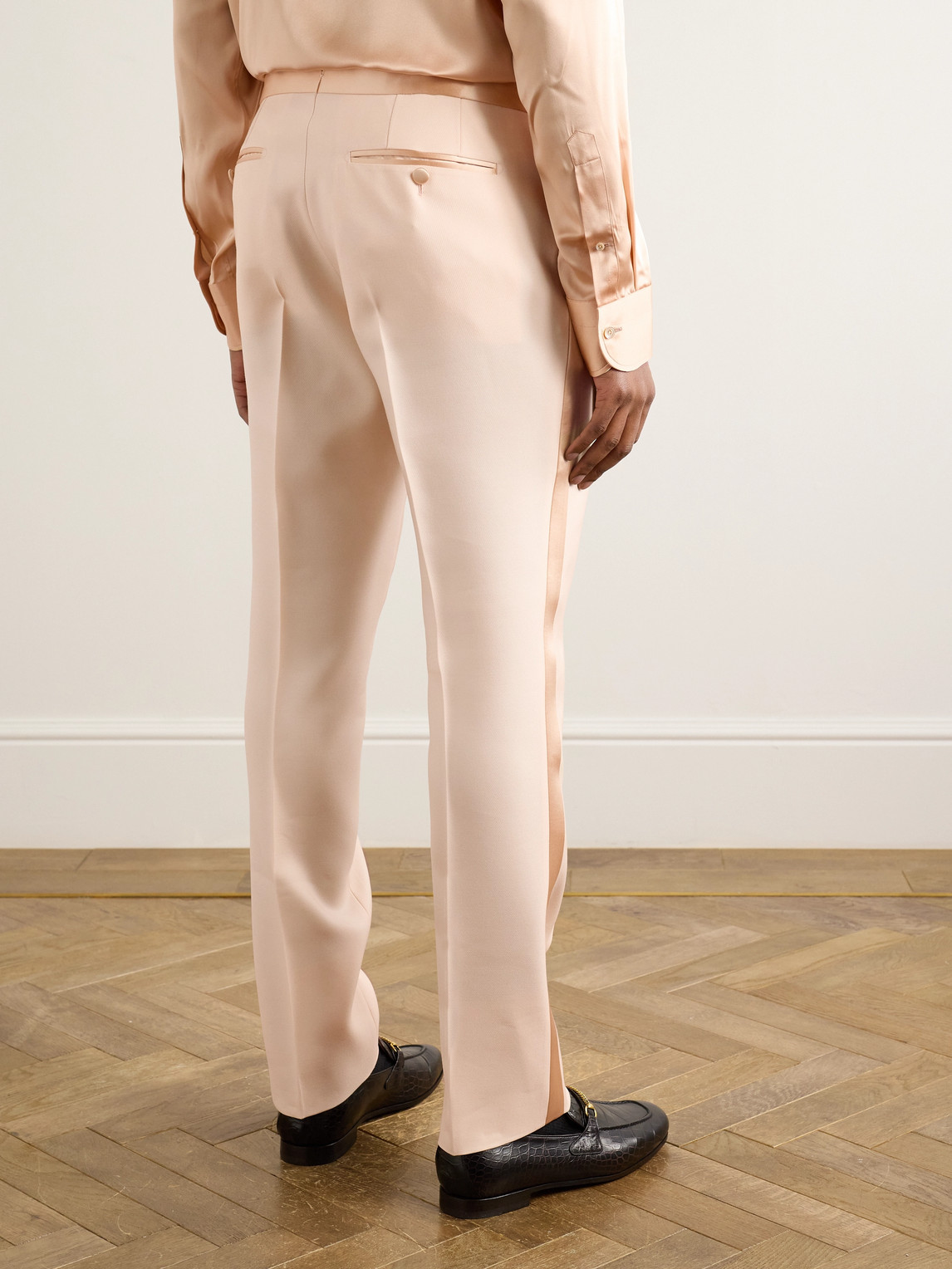 Tom Ford Tapered Satin-trimmed Wool And Silk-blend Twill Tuxedo Trousers In Neutrals