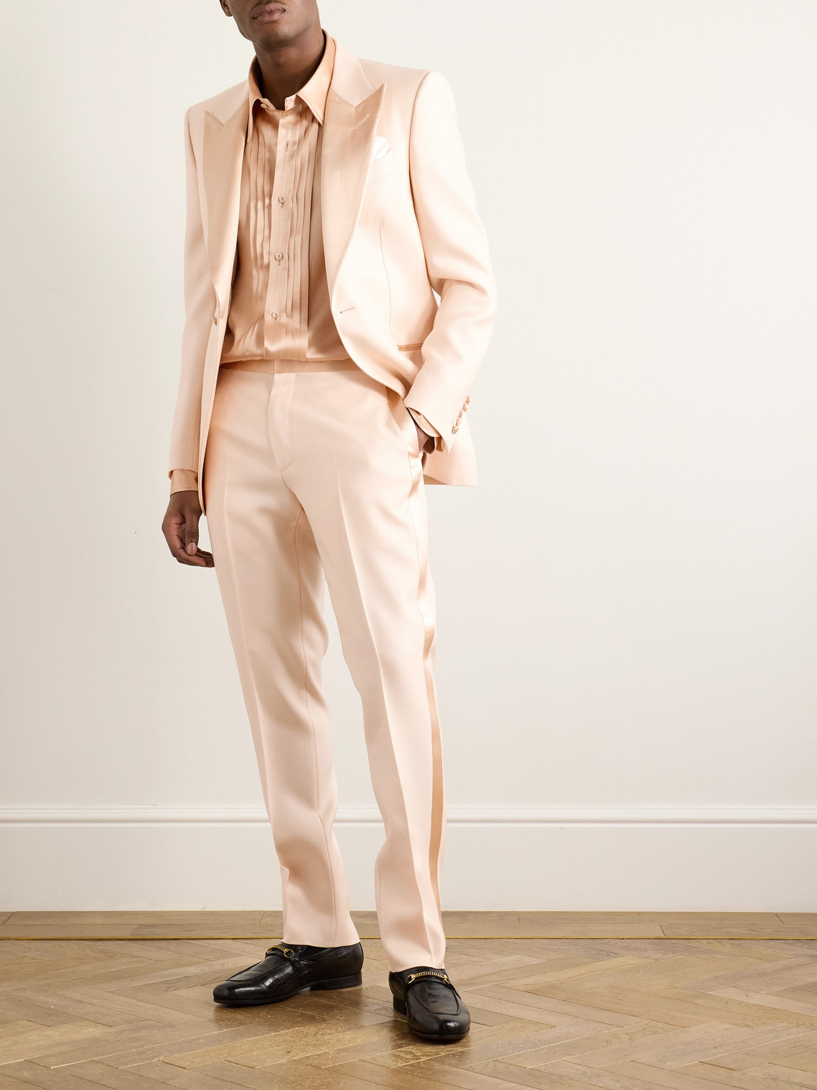 Tom Ford Tapered Satin-trimmed Wool And Silk-blend Twill Tuxedo Trousers In Neutrals
