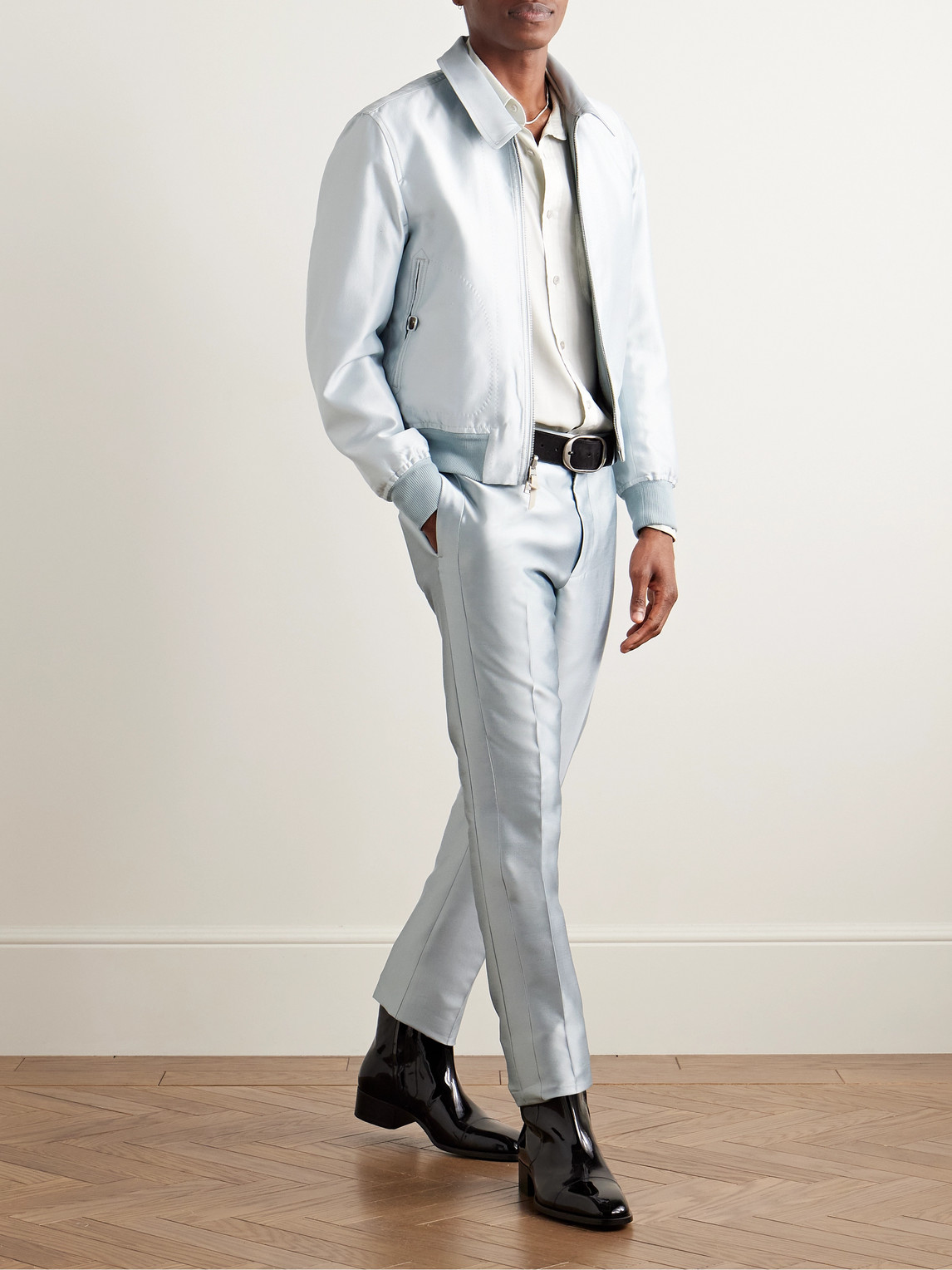 Tom Ford Reversible Mikado And Crepe Bomber Jacket In Blue