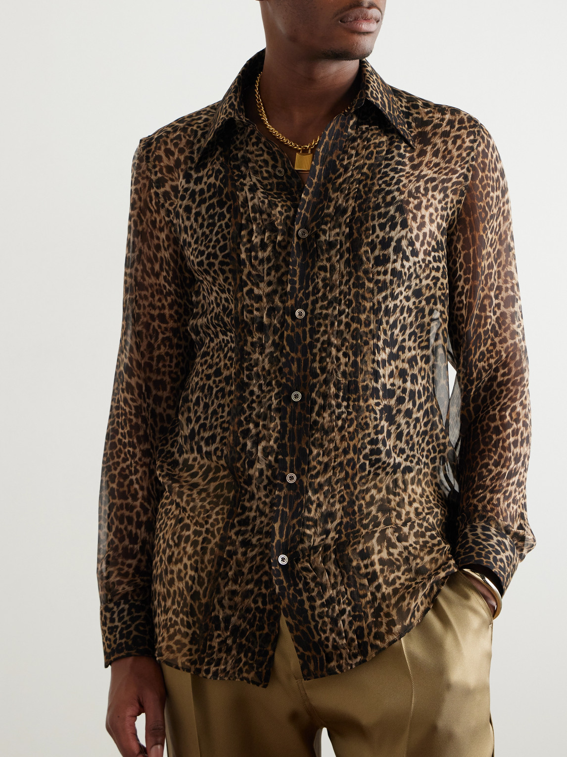 Tom Ford Pleated Leopard-print Silk-chiffon Shirt In Brown