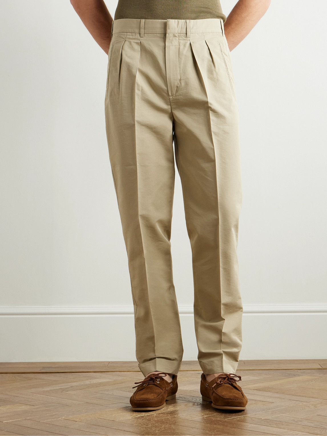 Tom Ford Straight-leg Pleated Cotton And Silk-blend Poplin Trousers In Neutrals