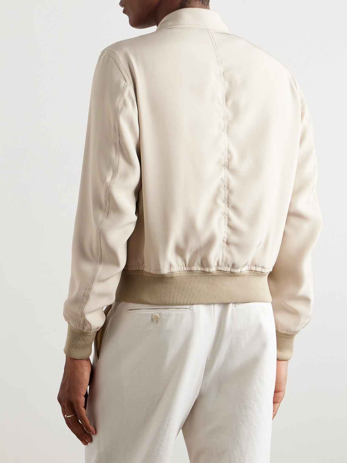 Tom Ford Reversible Leather-trimmed Silk-satin And Silk-crepe Bomber Jacket In Neutrals