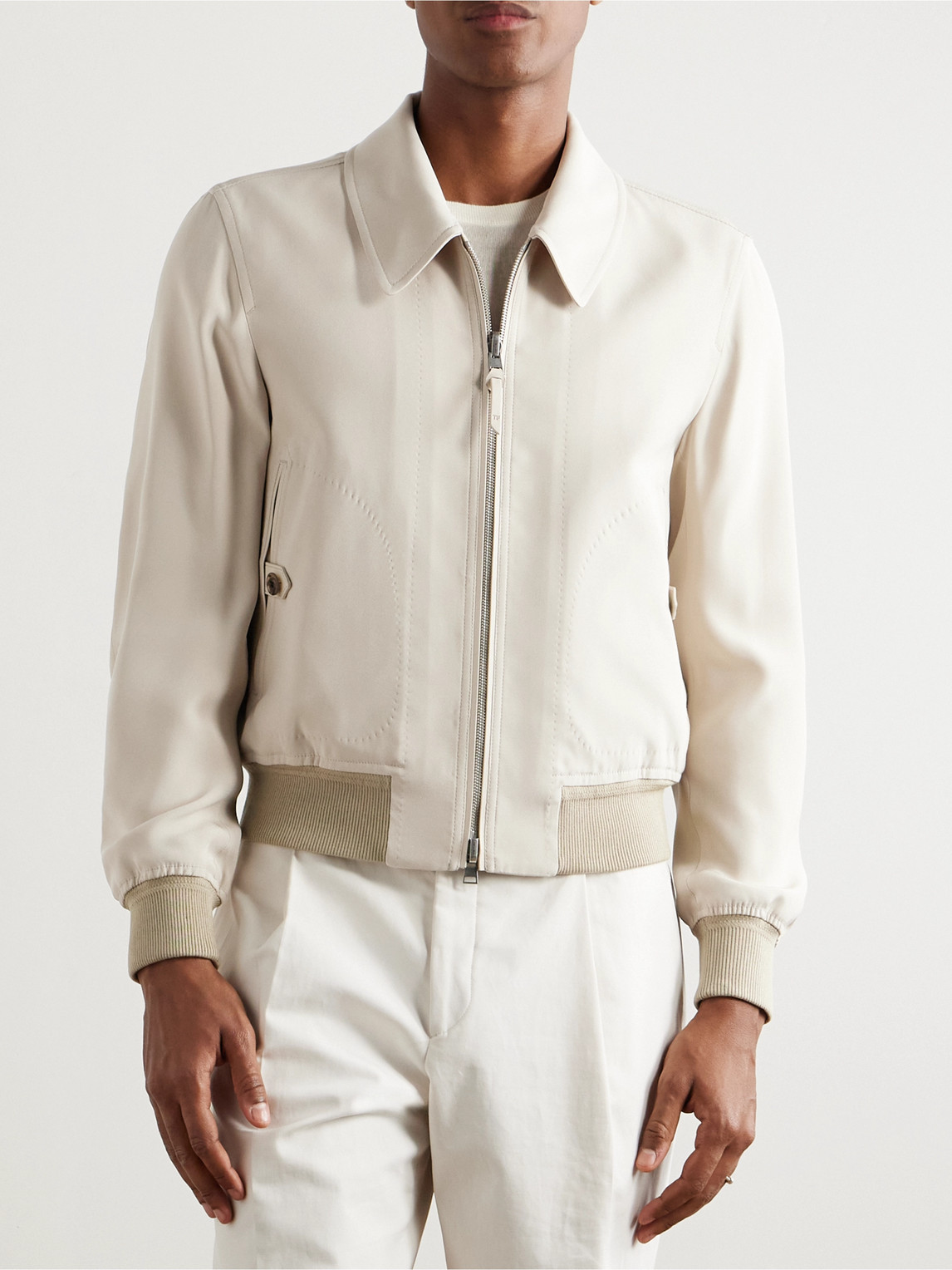 Tom Ford Reversible Leather-trimmed Silk-satin And Silk-crepe Bomber Jacket In Neutrals