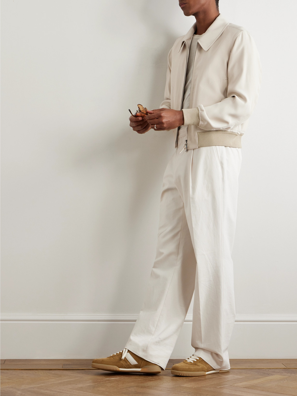 Tom Ford Reversible Leather-trimmed Silk-satin And Silk-crepe Bomber Jacket In Neutrals