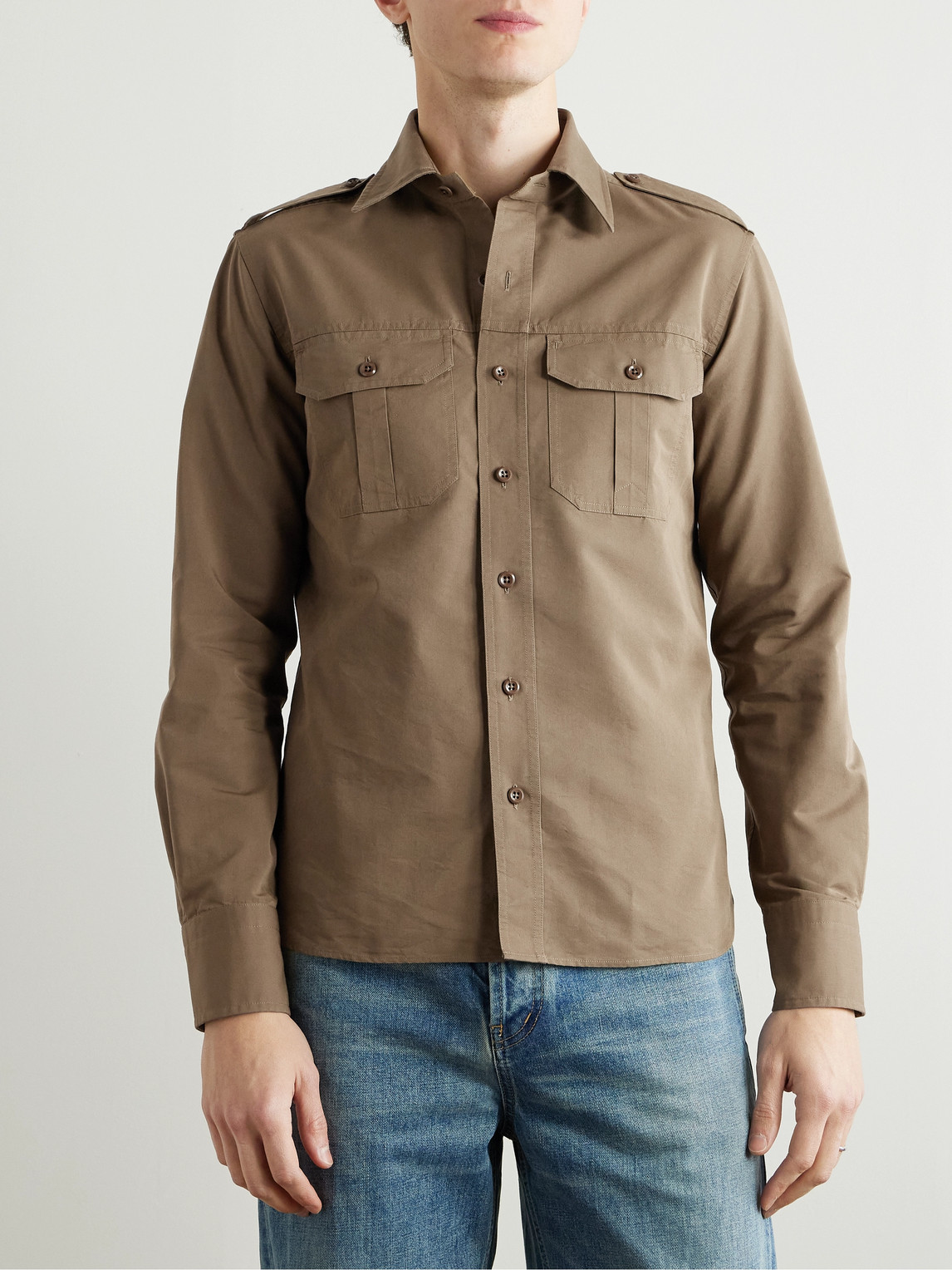 Tom Ford Cotton And Silk-blend Poplin Shirt In Brown