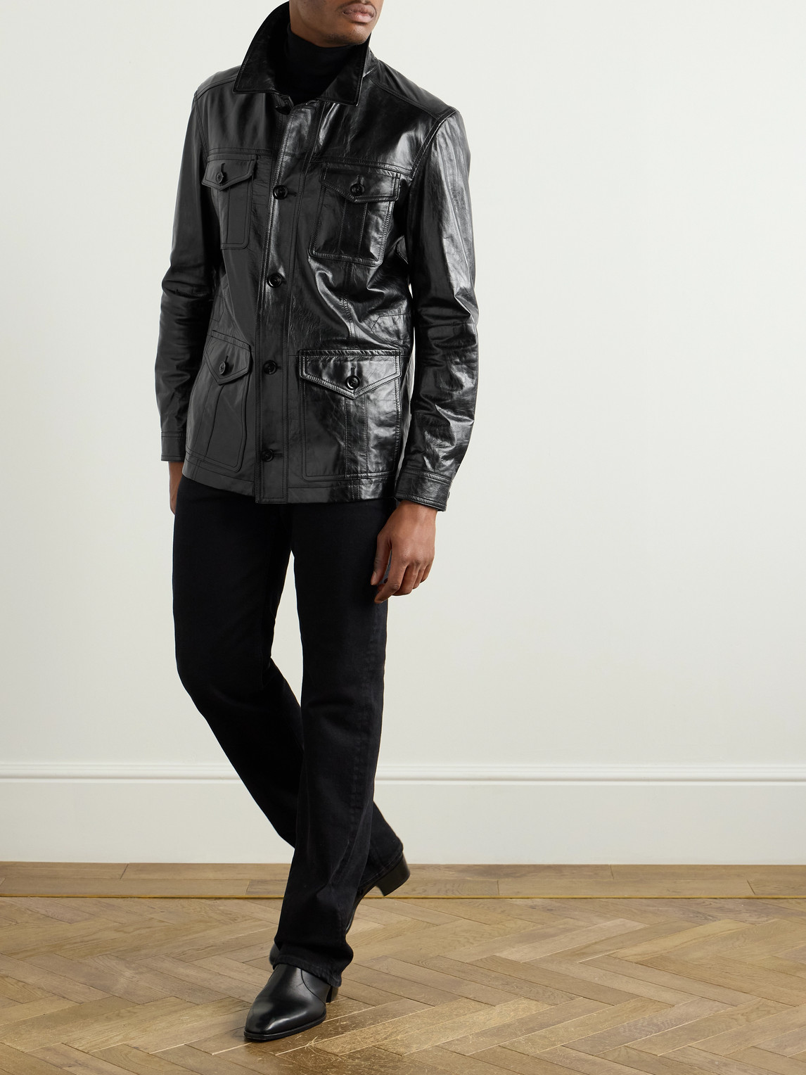 Tom Ford Glossy Smooth Leather Safari Jacket In Black
