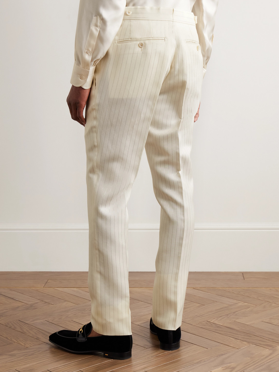 Tom Ford Slim-fit Metallic Striped Wool-blend Suit Trousers In Neutrals