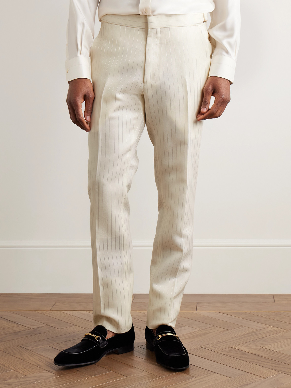 Tom Ford Slim-fit Metallic Striped Wool-blend Suit Trousers In Neutrals