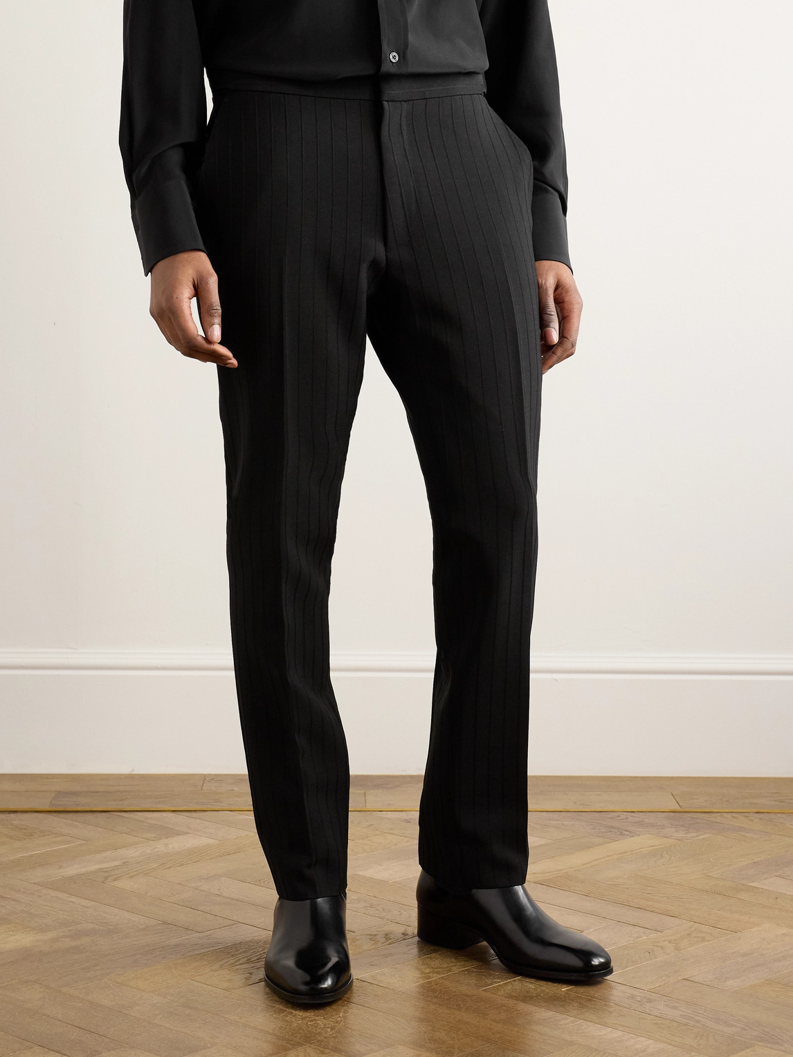 Tom Ford Straight-leg Striped Mohair And Wool-blend Trousers In Black