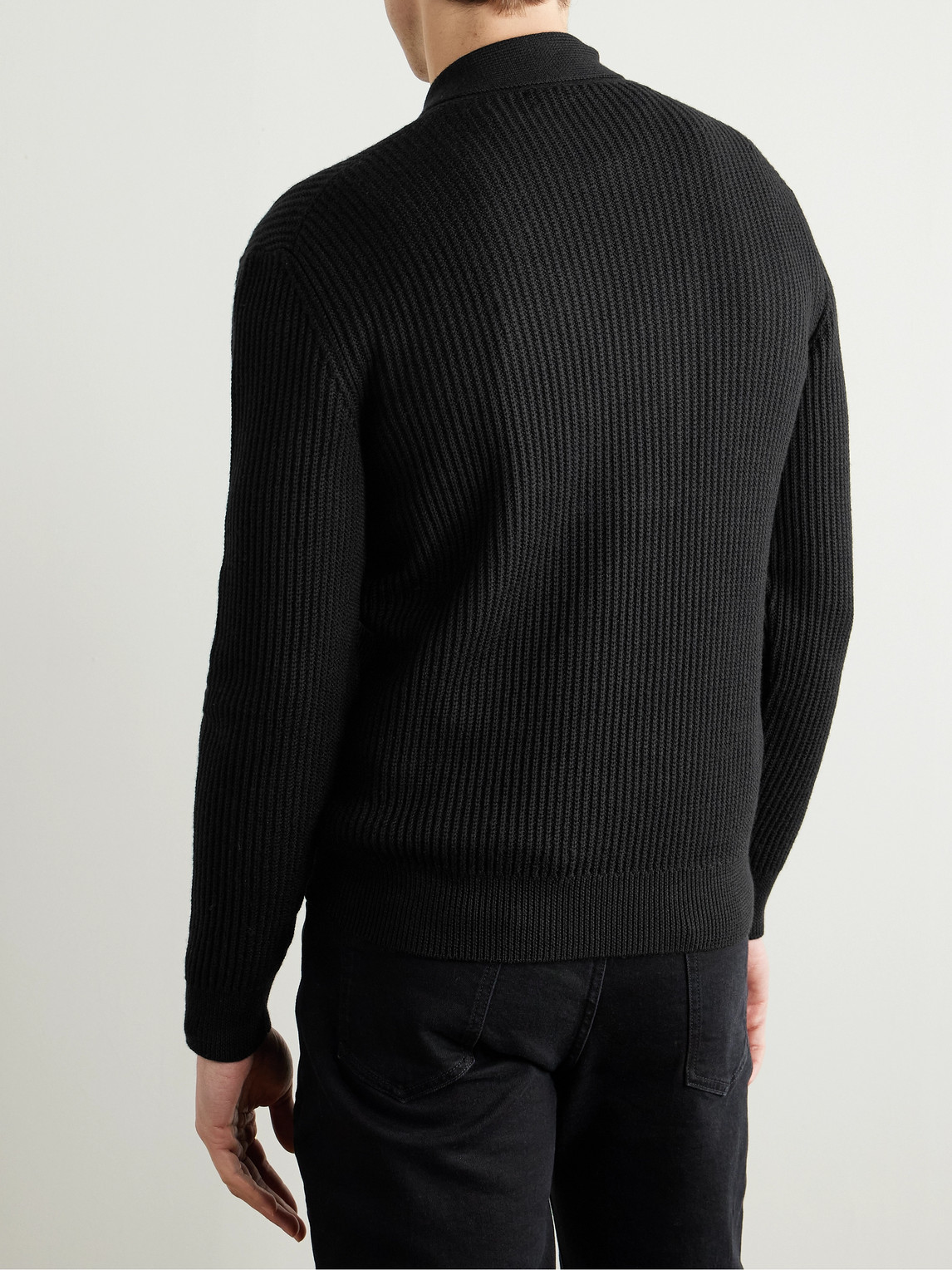 Tom Ford Slim-fit Shawl-collar Ribbed Merino Wool-blend Half-placket Sweater In Black