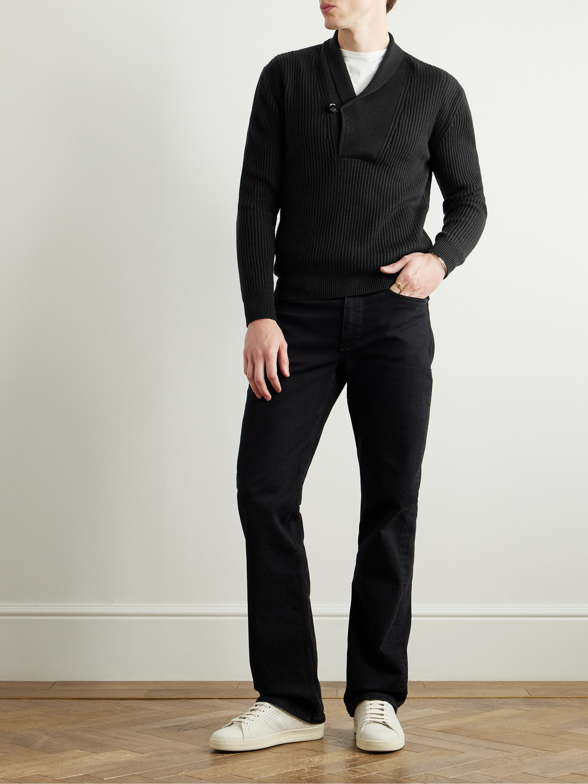 Tom Ford Slim-fit Shawl-collar Ribbed Merino Wool-blend Half-placket Sweater In Black