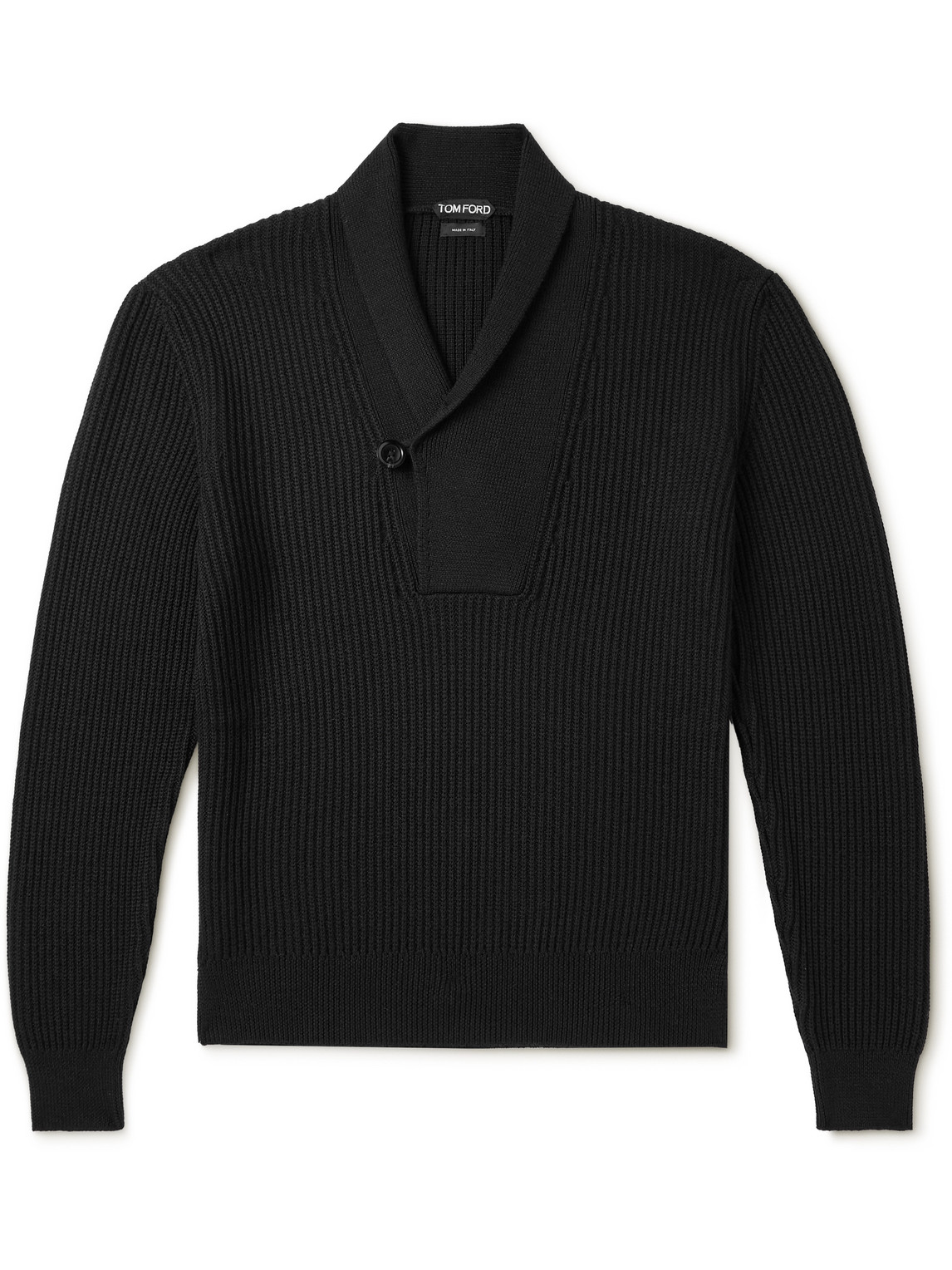 Tom Ford Slim-fit Shawl-collar Ribbed Merino Wool-blend Half-placket Sweater In Black