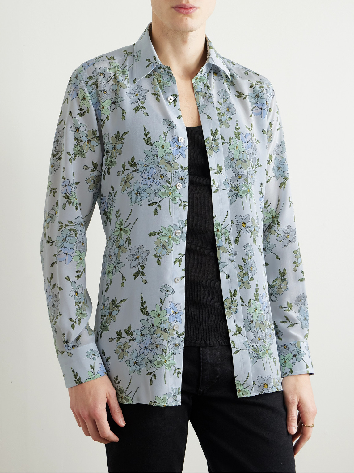 Tom Ford Slim-fit Floral-print Silk-crepe Shirt In Blue