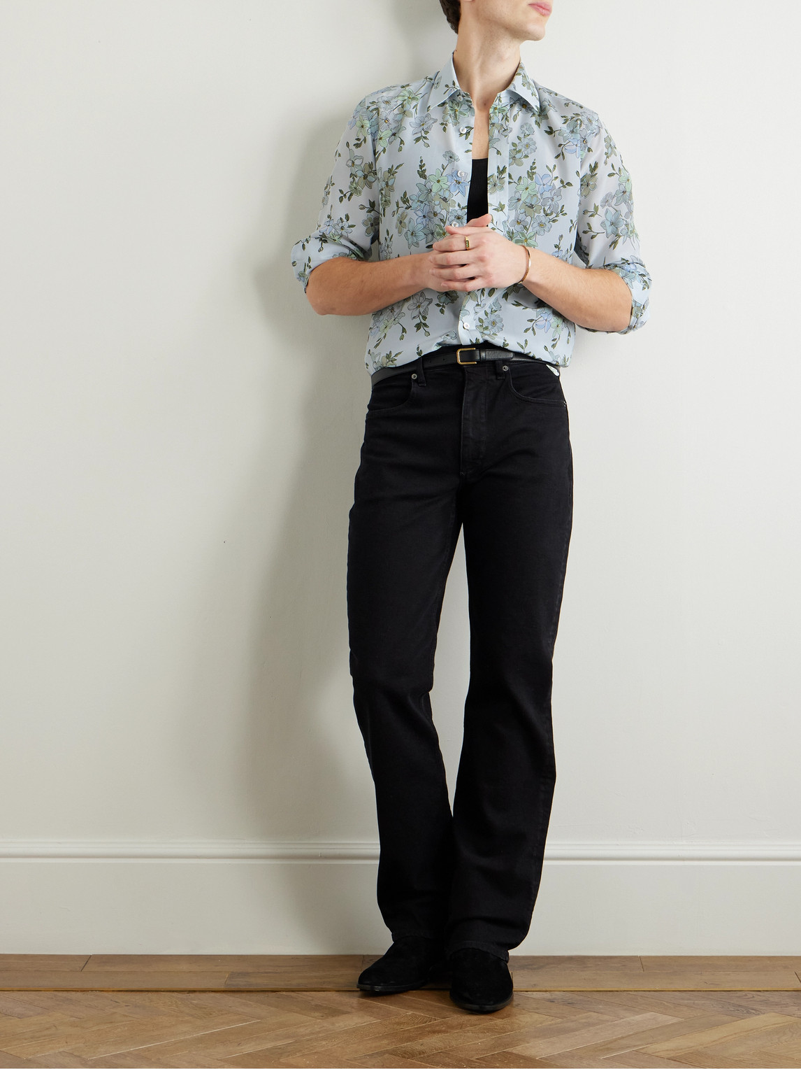 Tom Ford Slim-fit Floral-print Silk-crepe Shirt In Blue