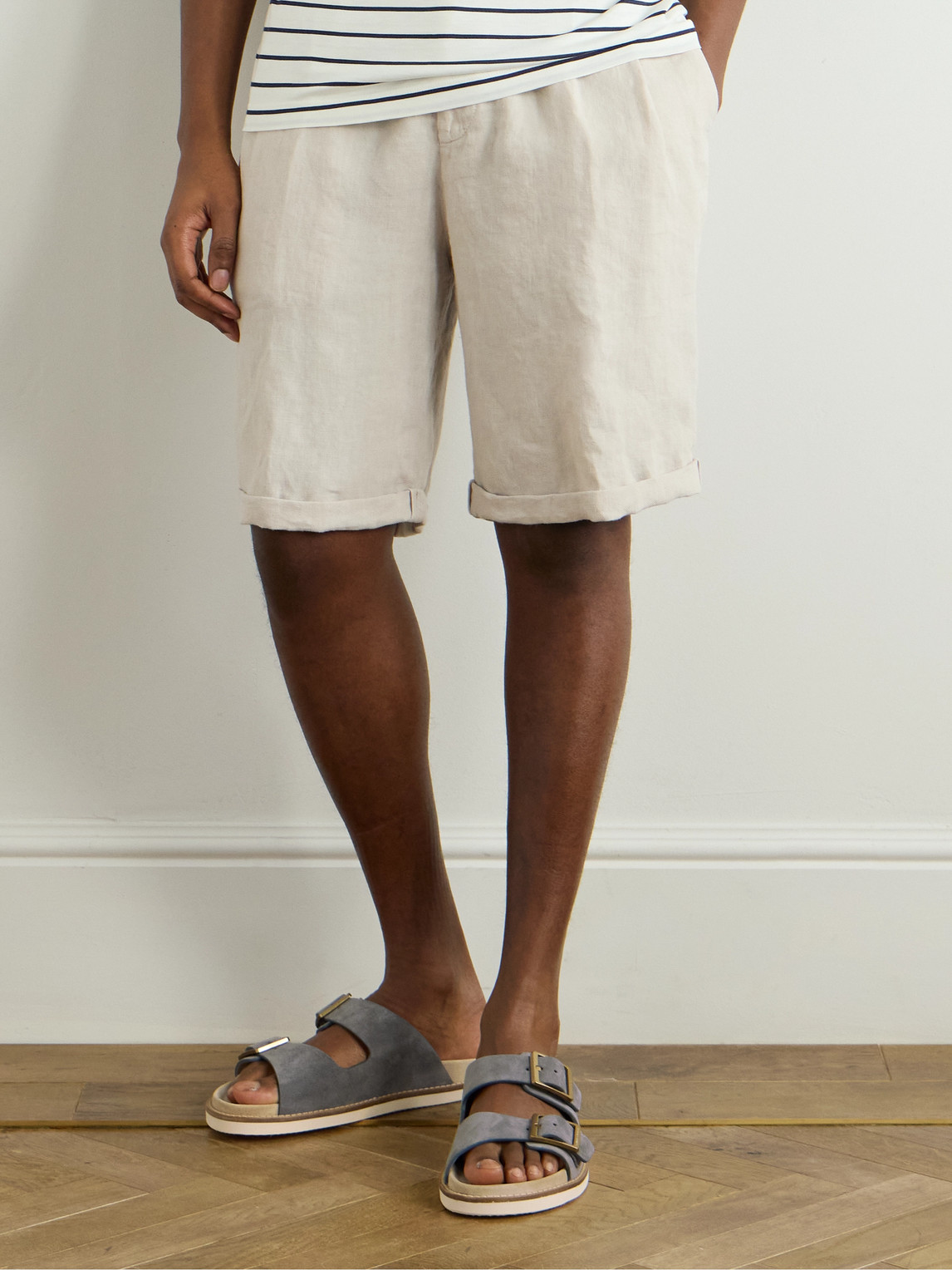 Brunello Cucinelli Pebble Silver-toned-hardware Leather Sandals In Gray