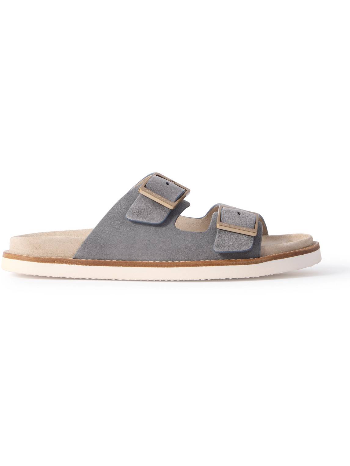 Brunello Cucinelli Pebble Silver-toned-hardware Leather Sandals In Gray