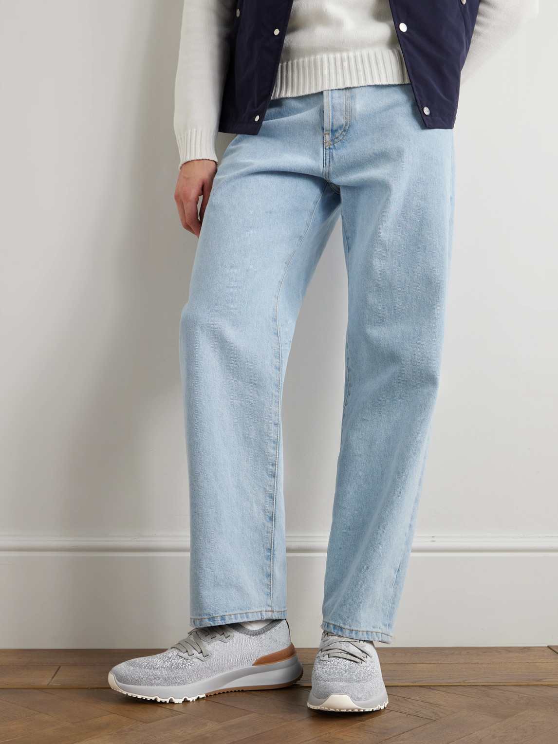 Brunello Cucinelli Suede-trimmed Stretch-knit Sneakers In Blue