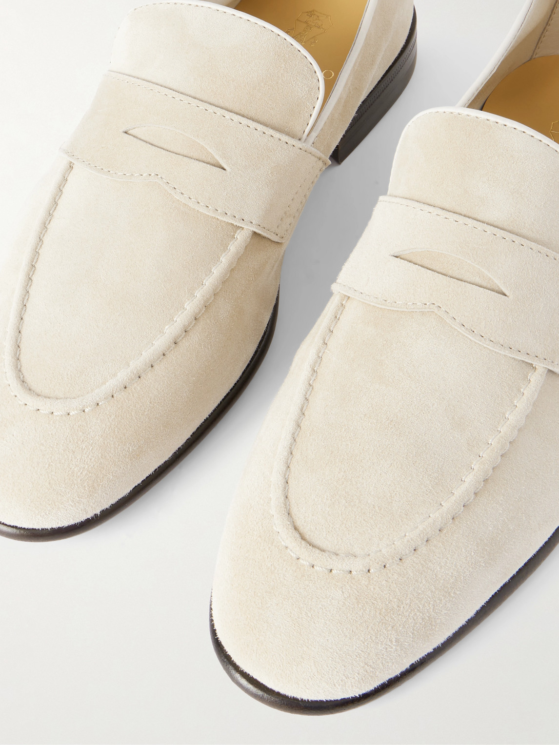 Shop Brunello Cucinelli Suede Penny Loafers In Neutrals
