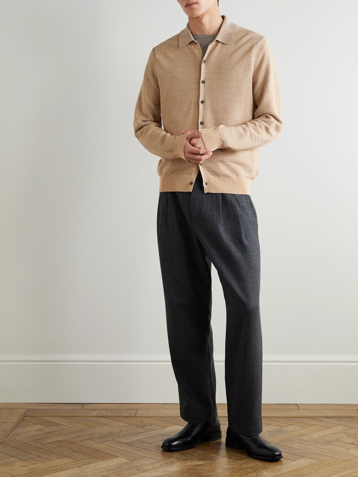 PAUL SMITH WAFFLE-KNIT COTTON AND LINEN-BLEND CARDIGAN
