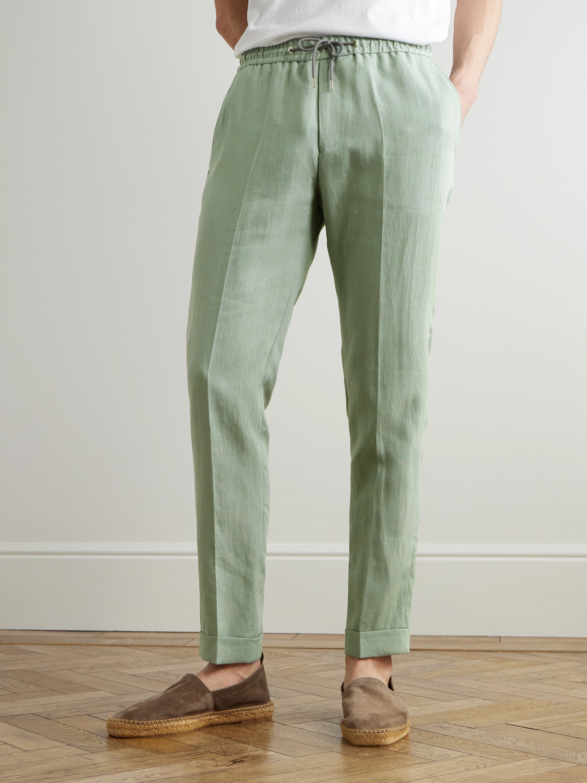 Shop Paul Smith Slim-fit Straight-leg Linen Drawstring Trousers In Green