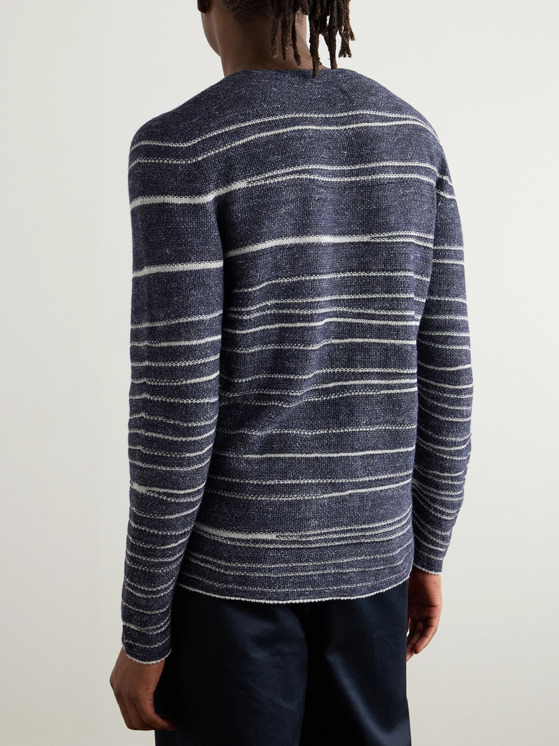 Inis Meain Taoide Striped Linen, Cashmere, Silk And Cotton-blend Sweater In Blue