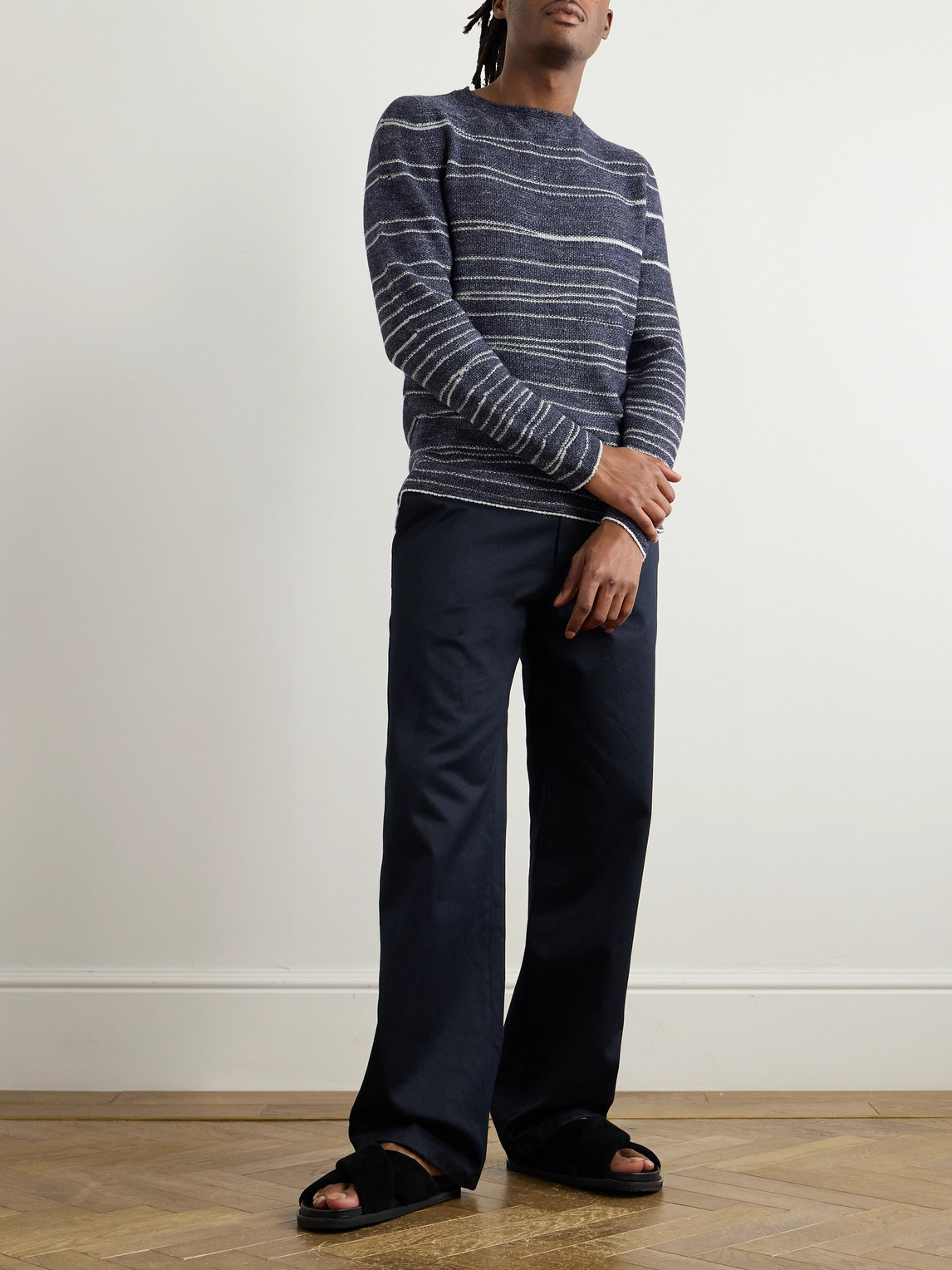 Inis Meain Taoide Striped Linen, Cashmere, Silk And Cotton-blend Sweater In Blue