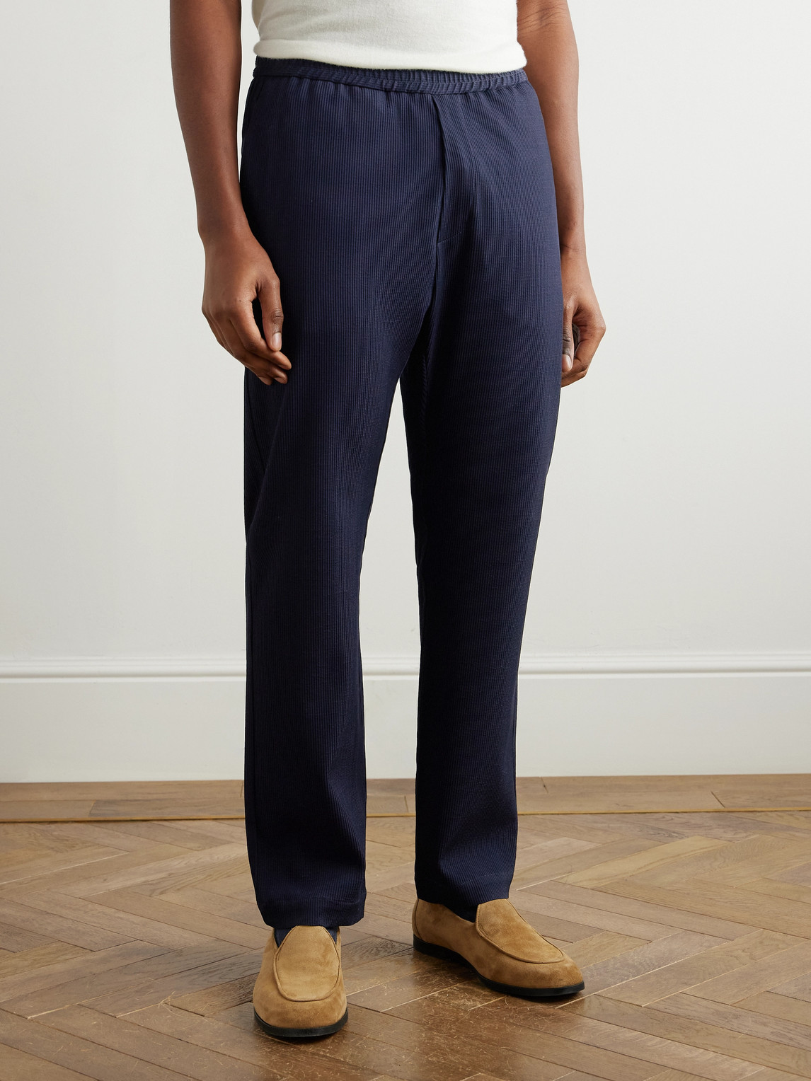 BARENA VENEZIA RIOBARBO STRAIGHT-LEG RIBBED VIRGIN WOOL-BLEND JERSEY SUIT TROUSERS 