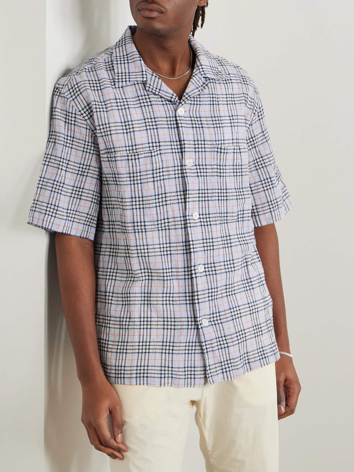 BARENA VENEZIA SOLANA CAMP-COLLAR CHECKED COTTON AND WOOL-BLEND SEERSUCKER SHIRT 