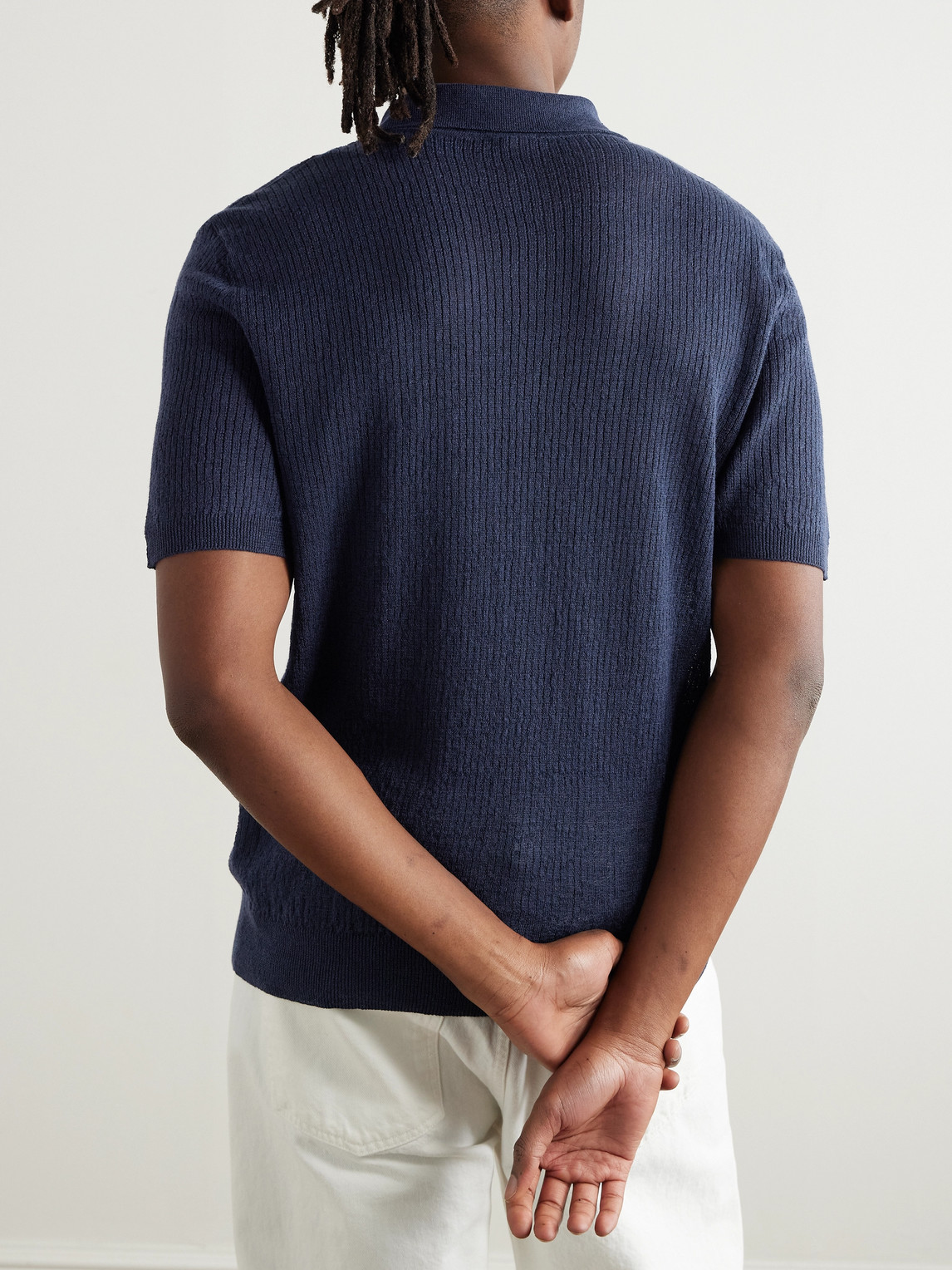 Shop Barena Venezia Marco Slim-fit Ribbed Linen And Cotton-blend Polo Shirt In Blue